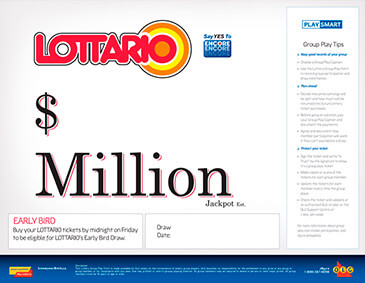 图片左上方有LOTTARIO的标识，其旁边是ENCORE的标识。图片中部写着一个$符号，下面写着“Million Jackpot”。在其下方有两个方框，需要填写相关内容。图片的右侧有一个长方形的框，里边写着“Group Play Tips”的相关内容。图片最下方是OLG品牌的相关内容。