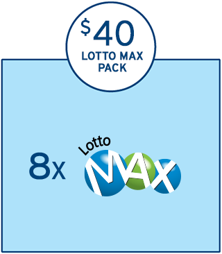 在一个浅蓝色的方框上方，有一个圆圈，圈内有三行字，分别写着“$40”，“LOTTO MAX”及“PACK”。在浅蓝色的方框内有一行内容，显示着“8 x LOTTO MAX的标识”。