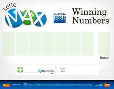 圖片上邊是LOTTO MAX的標識，ENCORE的標識及Winning Numbers。圖片中間有八個綠色的格子，各自下方寫著Bonus。在其下方有兩個方框，需要填寫相關内容。圖片最下方是OLG品牌的相關內