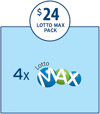 在一个浅蓝色的方框上方，有一个圆圈，圈内有三行字，分别显示着“$20”，“LOTTO MAX”及“PACK”。在浅蓝色的方框内有一行内容，显示着“4 x LOTTO MAX的标识”。
