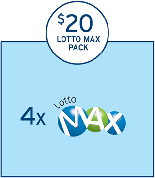 在一个浅蓝色的方框上方，有一个圆圈，圈内有三行字，分别显示着“$20”，“LOTTO MAX”及“PACK”。在浅蓝色的方框内有一行内容，显示着“4 x LOTTO MAX的标识”。