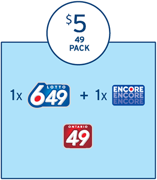 在一个浅蓝色的方框上方，有一个圆圈，圈内有三行字，分别显示写着“$5”，“49”及“PACK”。在浅蓝色的方框内，有两行内容，分别显示着“1 x LOTTO 649的标识 + 1 x ENCORE的标识”及ONTARIO 49的标识。